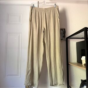 JONNY COTA tan rayon‎ linen straight leg elastic waist pull on cropped pants